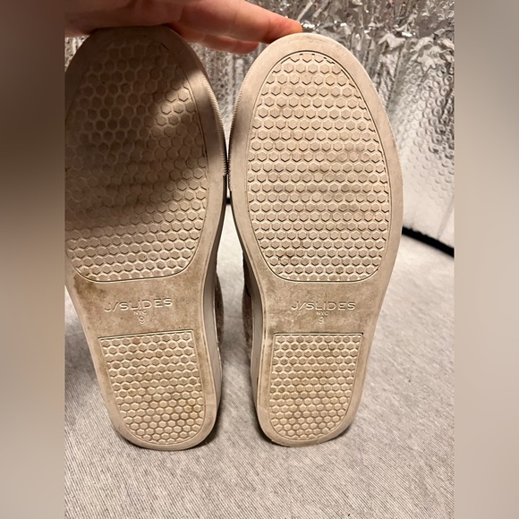 J/SLIDES Sz 9 Cream Leather & Silver Metallic Calfhair Sneakers Exc Cond - Picture 9 of 9